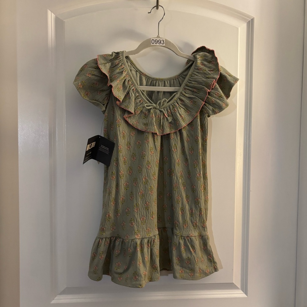 Girls Gerber Modern Moments Light Olive Ruffle-Trim Floral Dress Sz 5T NWT
